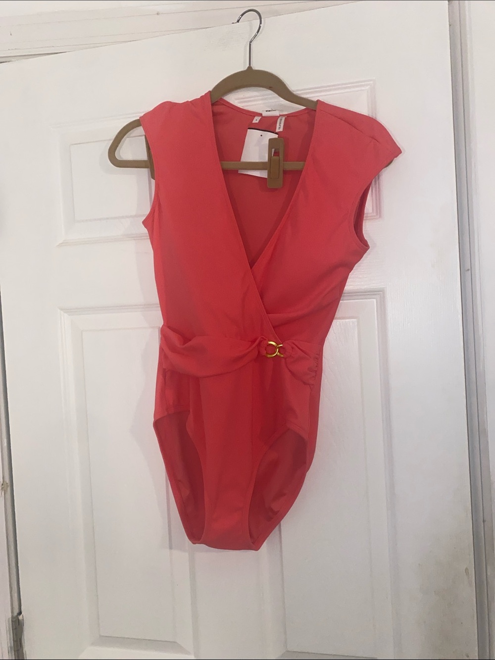 Bleu Rod Beattie Coral Pink One-Piece Swimsuit with Gold Accent